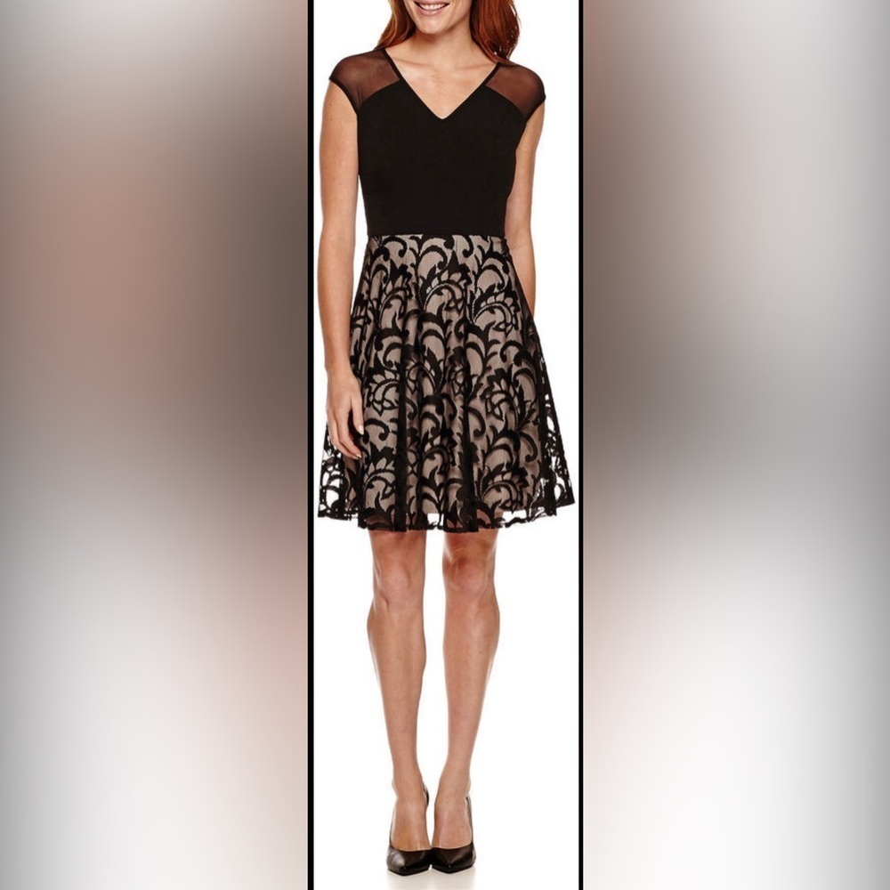 London Style Collection Cap Sleeve Illusion Neck Lace Fit And Flare Dress 16